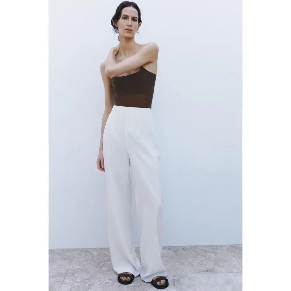 Zara Womens Pants trousers XS Ecru Zw Collection Darted Trousers 2398/198 NWD